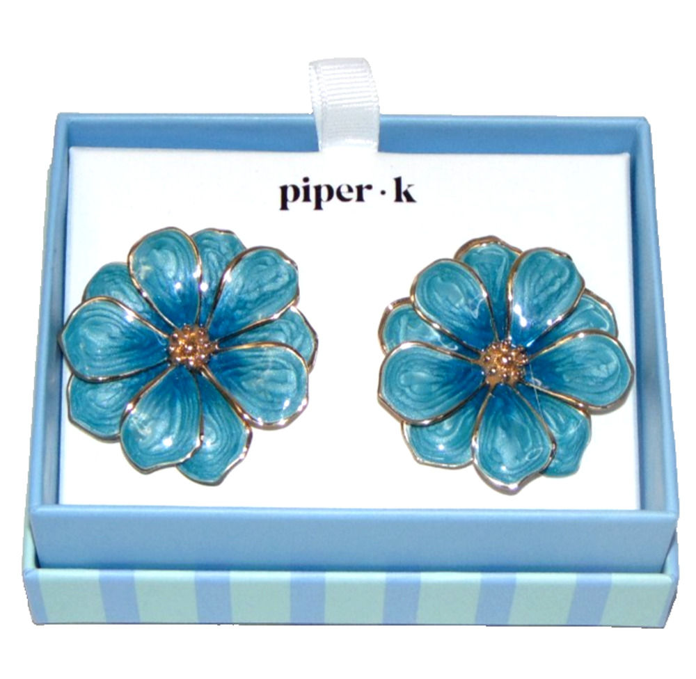 Piper K Blue Teal Flower Stud Earrings Hand Painted Enamel Gold Tone NIB